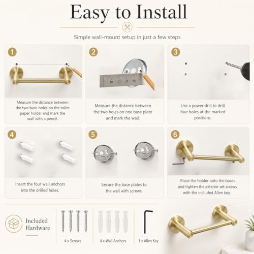 Gold Toilet Paper Holder Towel Ring, Brushed Gold Bathroom Accessories Hand Towel Holder Wall Mount Bath Hardware Set Tissue Roll Holder with Double Post SUS304 Stainless Steel 2pc