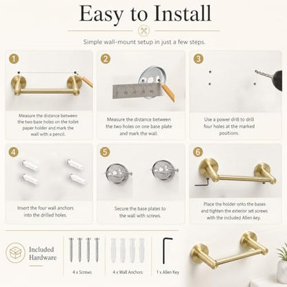 Gold Toilet Paper Holder Towel Ring, Brushed Gold Bathroom Accessories Hand Towel Holder Wall Mount Bath Hardware Set Tissue Roll Holder with Double Post SUS304 Stainless Steel 2pc