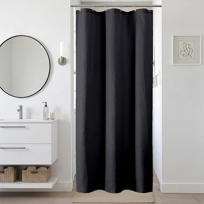 Black Stall Shower Curtain 36 x 72 Inch, Textured Soft Fabric Waffle Narrow Size Modern Shower Small Curtain for Bathroom Hotel, Machine Washable, Water Resistant, 36Wx72L Inches - color: Black, size: 36"W x 72"L (Pack of 1)