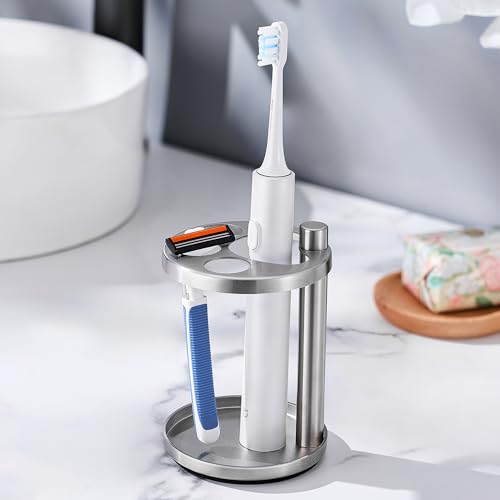 Toothbrush & Toothpaste Holder for Bathroom Countertop, Metal Electric Toothbrush Stand with Razor Slot, Ideal Design Caddy for Kids & Family, Brushed Silver - color: Brushed Silver
