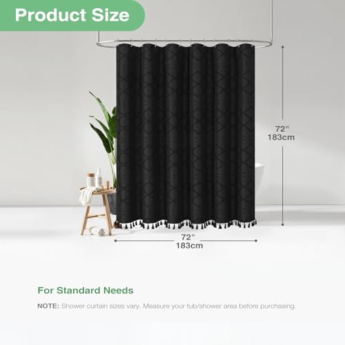 Black Boho Shower Curtain and Liner Set, Farmhouse Fabric Shower Curtain and Waterproof Clear Liner, Tufted Geometric Striped Textured Tassel Shower Curtains for Bathroom with 12 Hooks, 72x72 - color: Black, size: 72"W x 72"L (Pack of 1)