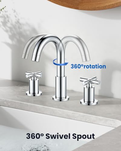 gotonovo 3 Hole Bathroom Faucet 8 inch Widespread Sink Vanity Faucet for Bathroom Sink 2 Cross Handle Deck Mount Basin with Pop Up Drain 360° Swivel Spout Polished Chrome - color: Polished Chrome