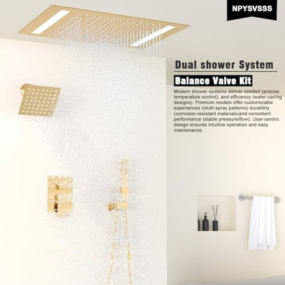 Rain Shower Head System with 14x20 Inch Ceiling Mount LED Head & 6 Inch Wall Head and Handheld Shower 3 Way Pressure Balance Valve Kit,Brushed Gold - color: Brushed Gold, style: 14x20 inch+6inch