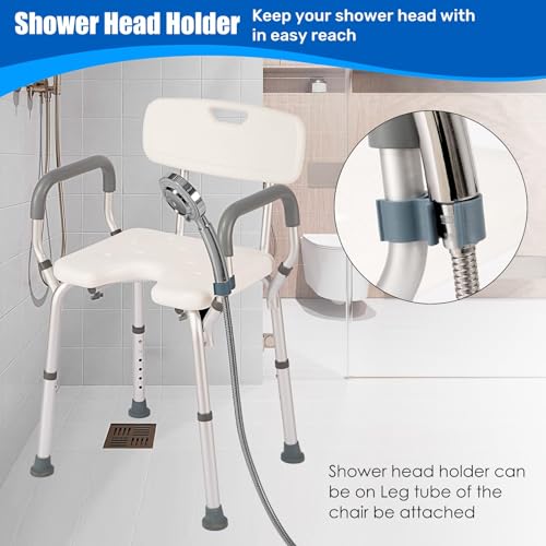 Shower Chair with Arms and Back, 330lbs Heavy Duty Bath Seat with U-Shaped Cutout, 21" Extra Wide Adjustable Shower Stool with 2 EVA Pads and Shower Head Holder, Tool-Free Assembly - color: Grey Pad-small