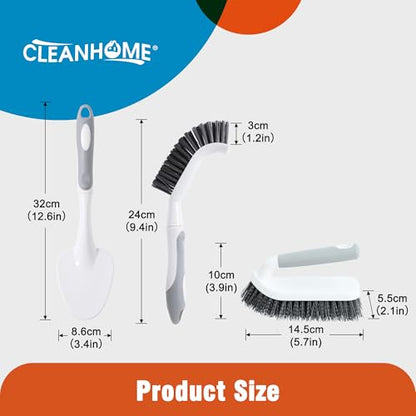 CLEANHOME 3 Pcs Scrub Brush,Multifunctional Cleaning Brush Set | With Non-Slip Handle and Sturdy Bristles,Scrub Brushes for Cleaning Bathroom,Kitchen,Grout,Tile,Grey