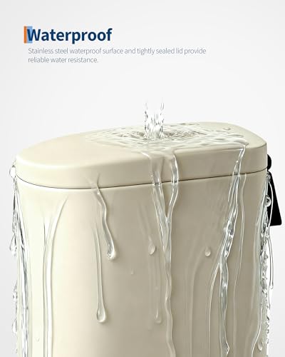 Garvee 1.6 gal / 6 L Metal Bathroom Trash Can with Lid, Slim Waterproof Garbage Can for Bedroom, Small Step-on Trash Bin with Inner Bucket, Rear Handle, Soft Close Lid, Sand Beige - color: Sand Beige, size: 1.6 Gallons