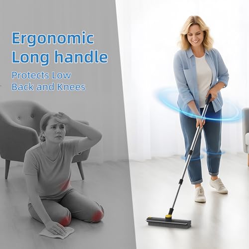 Floor Scrub Brush with Long Handle, 3 in 1 Scrape and Heavy-Duty Stiff Bristle Floor Scrubber Brush Broom with Squeegee and Tweezer for Cleaning Black - color: Black