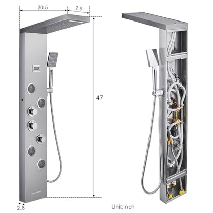 6-in-1 LED Shower Panel Tower System Stainless Steel Brushed Nickel | Rainfall + waterfall head | Massage jets | Handheld shower | Tub spout | LED display | Wall mount - color: Brushed Nickel