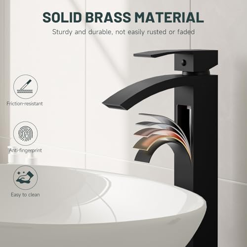 Matte Black Vessel Sink Faucet, Waterfall Bathroom Faucets | Brass, Tall Spout, Single Handle 1 Hole Bathroom Faucet, Modern Basin Taps with Supply Line, Pop Up Drain, Without Overflow - color: Matte Black, size: Tall