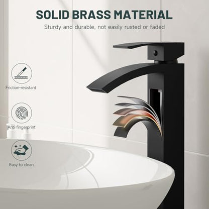 Matte Black Vessel Sink Faucet, Waterfall Bathroom Faucets | Brass, Tall Spout, Single Handle 1 Hole Bathroom Faucet, Modern Basin Taps with Supply Line, Pop Up Drain, Without Overflow - color: Matte Black, size: Tall