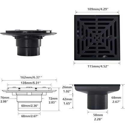 RANDOM 4 Inch Black Shower Drain Square with Adjustable PVC Base Flange,SUS304 Stainless Steel Matte Black Shower Floor Drain with Removable Cover Grid Grate - color: B-matte Black-4″ Square With Base Flange
