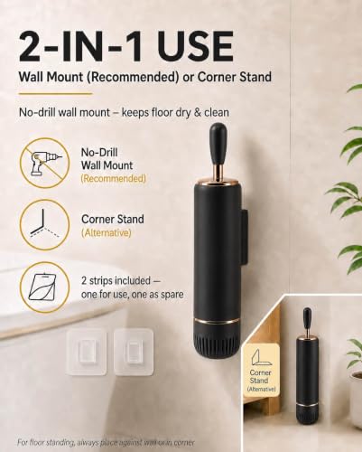 Toilet Brush Set, Dense Nylon Bristles, Wall Mount, Non-Scratch, Black Gold | 16.5" Handle,Splash-Proof,Odor-Locking Lid ,Ventilated Base,Hideaway Brush Head,Thick ABS,2 Adhesive - color: Black Gold