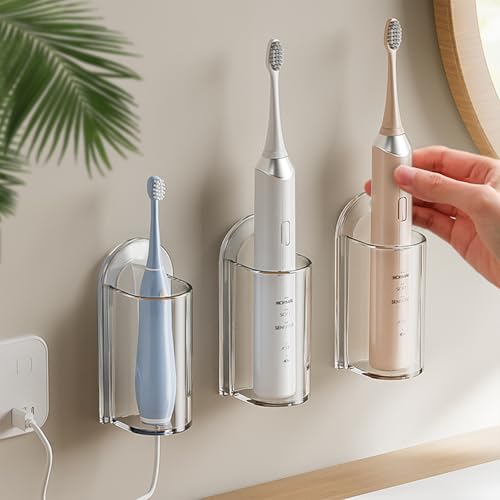 3 Pack Electric Toothbrush Holders for Bathroom, Wall Mounted Clear Electric Toothbrush Organizer, Self Adhesive Bathrooms Toothbrush Storage for Shower, Saving Space and Keep Drying - color: Clear, size: 3pcs