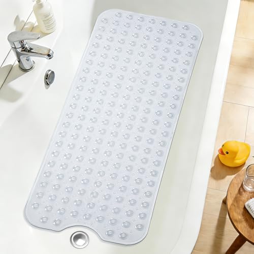 Extra Long Bathtub Mat Non Slip Bath Mat Clear 40"x16" Full Size | Soft Bath Mat for Tub, Bath Tub Shower Mats for Bathroom Floor with Big Suction Cups & Drain Holes, Easy Washable, BPA Free - color: Clear, size: 40" x 16" (Rectangular)