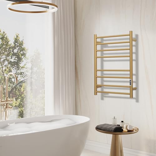 Electric Heated Towel Warmer - Wall Mounted Bathroom Towel Rack, Plug-in Design & Gold Brushed Stainless Steel Finish 8 Bar Gold with Timer & Temperature Control - color: Gold With Timer 8 Bar Etw44-2, size: 8 Bar