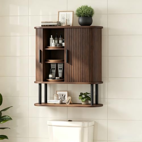 Fluted Bathroom Wall Cabinet, Wall Mounted Medicine Cabinet with Sliding Tambour Door & Adjustable Shelf, 3-Tier Over the Toilet Storage Cabinet for Laundry Room, Kitchen, Walnut - color: Walnut