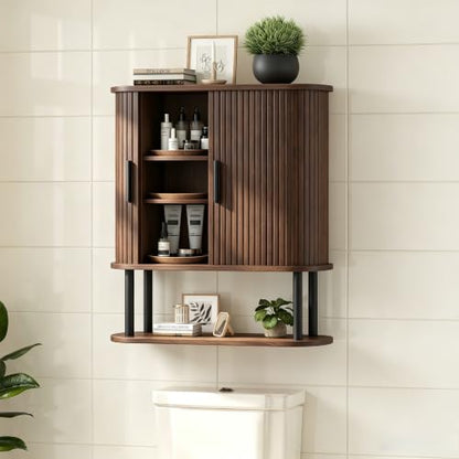 Fluted Bathroom Wall Cabinet, Wall Mounted Medicine Cabinet with Sliding Tambour Door & Adjustable Shelf, 3-Tier Over the Toilet Storage Cabinet for Laundry Room, Kitchen, Walnut - color: Walnut