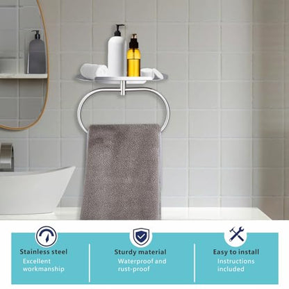 Towel Ring with Shelf Steel Self, Stainless Steel Bath Towel Rings, Self Adhesive Hand Towel Ring for Bathroom, Wall Mounted Towel Hanger for Bathroom Kitchen (Silver) - color: Silver