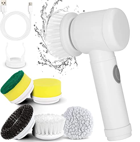 Electric Spin Scrubber, Cordless Electric Cleaning Brush Waterproof Power Scrubber with 5 Replaceable Brush Heads, Handheld Shower Scrub Brush for Cleaning Kitchen Dish Sink Tub Floor Wall Tile Window
