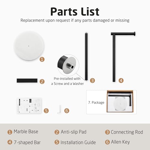 KES Black Toilet Paper Holder Freestanding 26" with Marble Base | 304 Stainless Steel, No-Drill 1-Minute Assembly, Anti-Slip Cushion Pads, Modern Design For Bathroom, Hotel Use - color: White Marble & Black Bar, size: 26"H
