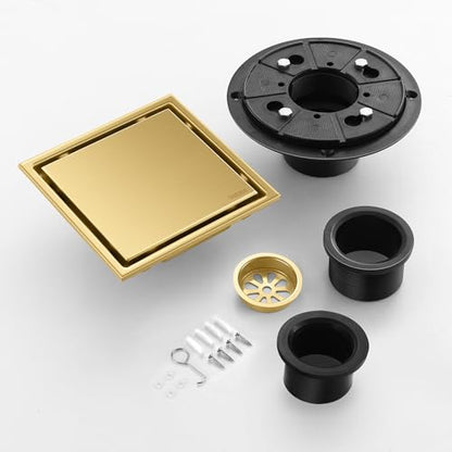 Hidden Brushed Square Shower Floor Drain, Gold 6 inch, 304 Stainless Steel, with Flange, Detachable Cover Embedded in Ceramic Tiles - color: Hidden Gold, size: 6 inch