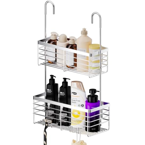 SHANSHUI Shower Hanging Caddy, Double Bathroom Showers Organizer Basket, Shampoo Bracket, Over Door Shower Rack with Hooks, 304 Stainless Steel Rustproof - size: 10.8"D x 4.7"W x 25.9"H