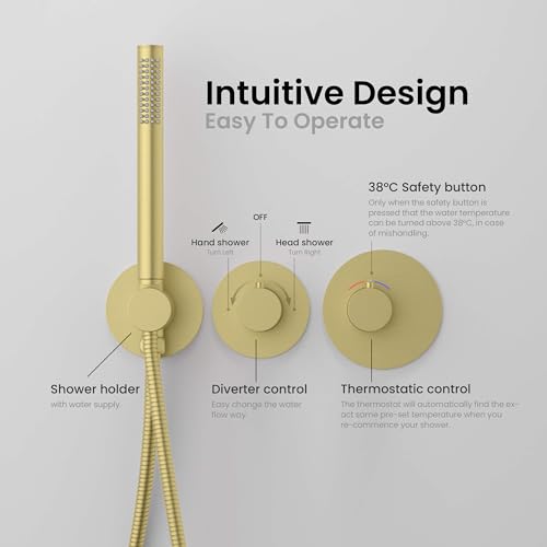 KIBI Circular Thermostatic Shower System with Valve, 2-Function Wall Mounted Bathroom Shower Faucet Set – Solid Brass Shower System with Temperature Control, Brushed Gold (KSF410) - color: Brushed Gold