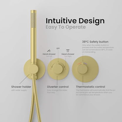 KIBI Circular Thermostatic Shower System with Valve, 2-Function Wall Mounted Bathroom Shower Faucet Set – Solid Brass Shower System with Temperature Control, Brushed Gold (KSF410) - color: Brushed Gold