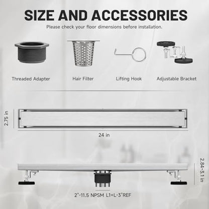 Brushed Nickel Linear Shower Drain,24 inch with Insert Grate | Premium Stainless Steel Material,Easy to clean,Fast Drainage to Avoid Standing Water,Fast Drainage,Prevents Sewer Backflow - size: 24 Inch