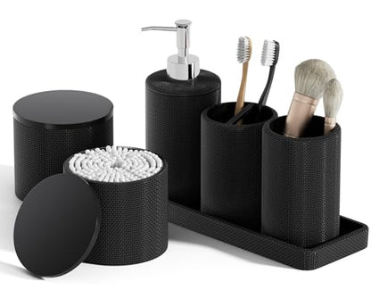 6-Piece Black Bathroom Set - Mesh Textured Resin Bathroom Accessories Set with Soap Dispenser, Toothbrush Holder, Cup, Vanity Tray & Apothecary Jars for Small Spaces - color: Black - Mesh Textured