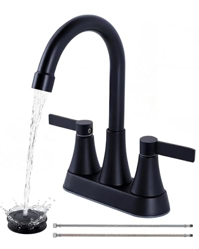 Matte Black Bathroom Faucet 3 Hole, VAPSINT 4 Inch Black Bathroom Sink Faucet, 2 Handle Stainless Steel Centerset Faucet for Vanity Lavatory RV with Pop-up Drain and Supply Hoses - color: Matte Black