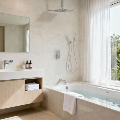 Brushed Nickel Shower System with Tub Spout, Ceiling Mounted Bathtub Shower Faucet Set, 12" Rainfall Shower Head and Handheld Shower Combo, High Pressure Shower Fixtures Set with Rough-in Valve - color: Brushed Nickel, style: 12" Ceiling Mounted Shower Sy
