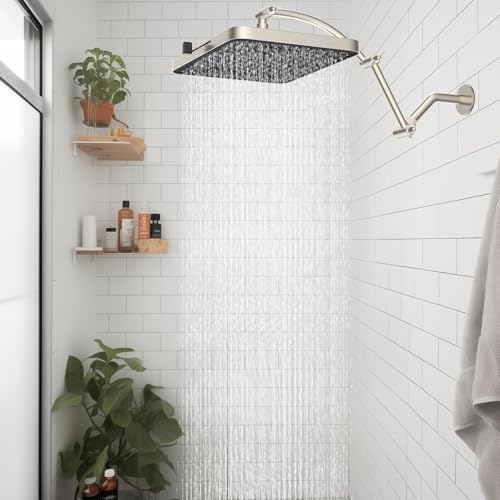 Hibbent Rain Shower Head, 13'' High Pressure Rainfall 5 Spray Mode Showerhead with 16" Shower Head Extension Arm, Brass Adjustable Shower Arm Extender, Waterfall fixed Showerheads, Brushed Nickel - color: Brushed Nickel, style: Square 13'' with Arm