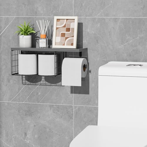 VITVITI Toilet Paper Holder with Shelf, Wall Mounted Storage Basket, Gray | Farmhouse Wall Mount Toilet Paper Holder Shelves, Wood Metal Toilet Roll Wipes Holder for Bathroom - color: Gray