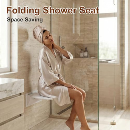 Folding Shower Seat Wall Mounted Shower Chair 15.7" with Embed CS Seat Bracket Bistable Structure Aluminum Base 440lb Load Capacity for Bathroom Remodel, White - size: White