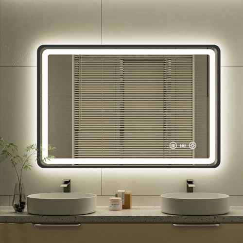 24x36 Inch LED Bathroom Mirror with Auto Sensor Lights, Black Framed Wall Bathroom Mirror, Backlit & Frontlit, Dimmable, Anti-Fog, 3 Colors, Memory Function, Smart Lighted Mirror for Vanity - color: Black-with Sensor Lights, size: 24"L x 36"W