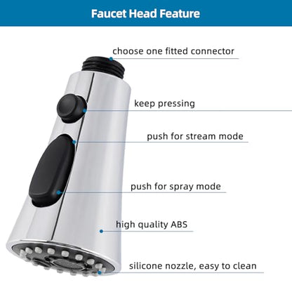 Universal Kitchen Faucet Head Replacement, 3 Modes, 15 Adapter Kit, Chrome | NSF/ANSI/CAN 372 Certified, Compatible with Kohler/Moen/Delta Faucet, 3 Function Pull Down Sink Faucet Spray Head G1/2 - color: Chrome