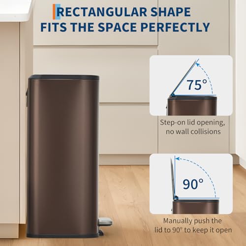 GarveeHome 3.2 Gal Stainless Steel Bathroom Trash Can with Lid, Brown | Rectangular Small Step Waste Bin, Hands-Free Foot Pedal, Removable Inner Bucket, Quiet Close, for Bedroom Restroom - color: Brown, size: 12 L