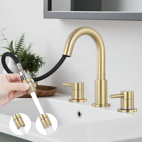 8 Inch Bathroom Faucet 3 Hole Gold Pull Down Bathroom Sink Faucet | Stainless Steel,Two Water Flow Modes,Brushed Nickle,3 hole Widespread,Pop-up Drain,Water Supply Hoses,Pull Down Sprayer, - color: A-Brushed Gold