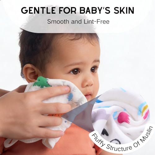 MALOMME Muslin Baby Washcloth 8 Pack - Soft & Absorbent Washcloth 6 Layer Natural Cotton Wash Cloths for Newborn Infant Toddler 10”x10” Large Gentle Face Towel for Sensitive Skin - Multi Pattens