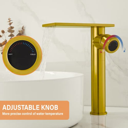 Becola Modern Brushed Gold Tall Waterfall Basin Mixer Tap with Adjustable Knobs and Two Supply Lines - color: Brushed gold, size: Tall
