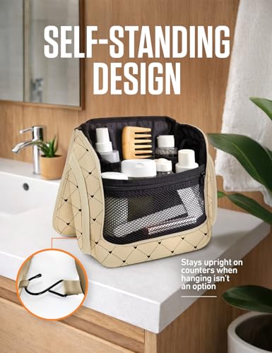 VENTURE 4TH Hanging Travel Toiletry Bag, 17 Compartments - Beige Diamonds | Hangs on rails, hooks or doors; stands upright too. Removable TSA pouch. Water-resistant 900D Nylon, reinforced stitching. - color: Beige Diamond