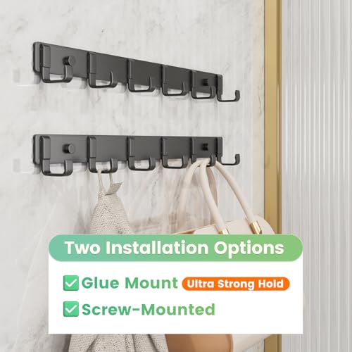 16" Heavy Duty Wall Mount Coat Rack with 6 Hooks, 2-Pack (Black) | Strong Glue or Screw Mount，coat hanger for hanging Coats, Hats, Jackets & Bags in Entryway, Bedroom, Bathroom or Closet - color: Black - 2 Pack