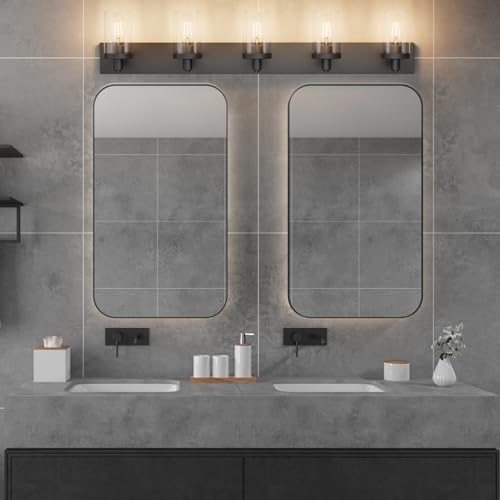 Aipsun Matte Black Bathroom Vanity Light Fixtures 5 Lights Industrial Lighting Fixtures Over Mirror with Clear Glass Shade(Exclude Bulb) - color: Black, size: 5-Light