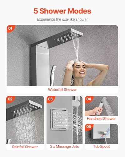 VEVOR Shower Panel Tower System with Rainfall Waterfall Shower Head, 53 in Brushed Stainless Steel Shower Column, 5-Function Faucet, Wall-Mount Rain Massage System with 2 Body Jet, Handheld, Tub Spout
