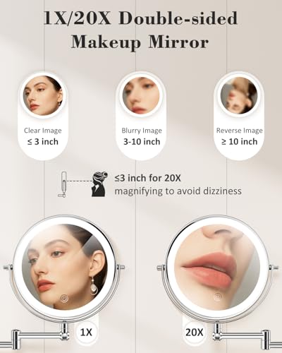20X 9" Wall Mounted Magnifying Makeup Mirror with Light Height Adjustable | 5000mAh Double Sided Rechargeable LED Lighted Vanity Mirror with Magnification 3 Color Light up Extended Arm 360 Rotation - color: 9inches-chrome