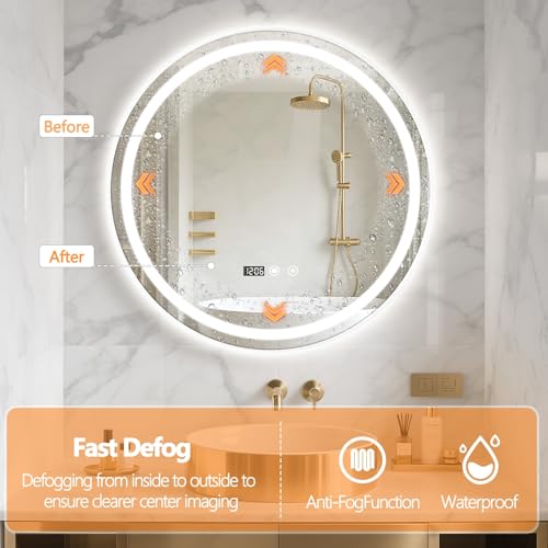 24" Round LED Bathroom Mirror with Anti-Fog & Touch Switch - 60x60cm Wall-Mounted Makeup Vanity Mirror, No Drilling Required, Smart Display Bathroom Mirror - size: 24"L x 24"W