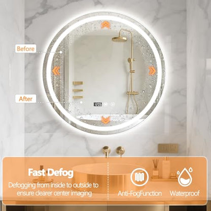 24" Round LED Bathroom Mirror with Anti-Fog & Touch Switch - 60x60cm Wall-Mounted Makeup Vanity Mirror, No Drilling Required, Smart Display Bathroom Mirror - size: 24"L x 24"W