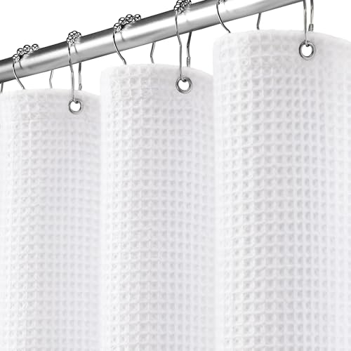 Long Waffle Weave Shower Curtain Heavyweight Cotton Fabric White 72Wx78L | Soft Cotton Cloth,3D Square Truely Waffle Washable, Hotel Luxury Spa, Shower Curtain Set for Bathroom 12 Plastic Hooks - color: White, size: Long 72"W x 78"L