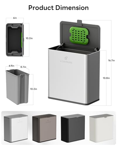 Kitchen Compost Bin, 8L/2.1G Small Trash Can with Lid, Slim Stainless Steel Hanging Garbage Bin for Kitchen, Bathroom, Bedroom, Office, Wall Mounted Compost Bin with Inner Bucket, Silver - size: 8L-Silver